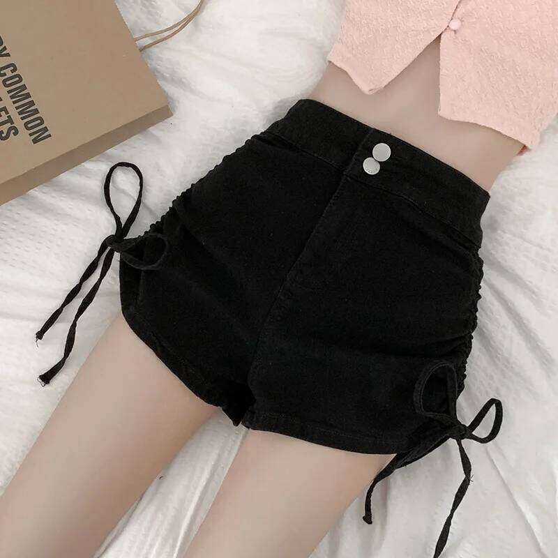 High Waist Jean Women Draw String Denim Patchwork Loose Shorts Zipper Fly Buttons Spliced Casual Summer Pockets XJ260305