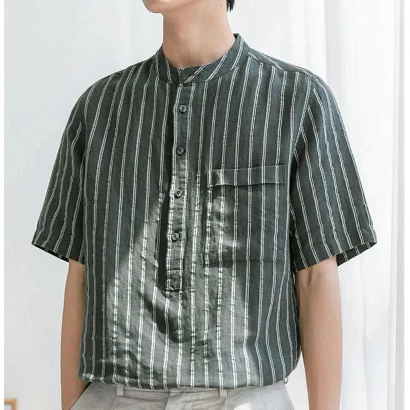 Men Clothing Trendy Japanese Style Vintage Striped Print Short Sleeve Shirt Summer Simple Casual Stand Collar Loose Cotton Tops M260305