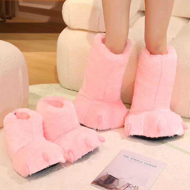 Cute Cartoon Paw Faux Fur Woman Winter Home Floor Fluffy Slippers Soft Plush Girls Indoor Snow Boots Funny Party Shoes