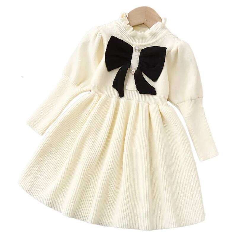 LILIGIRL Big Bow Puff Sleeve Dress Girls, Knitted Pleated Party Dress, Cute Casual Outfit for Baby & Toddler 2-6Y Z260304