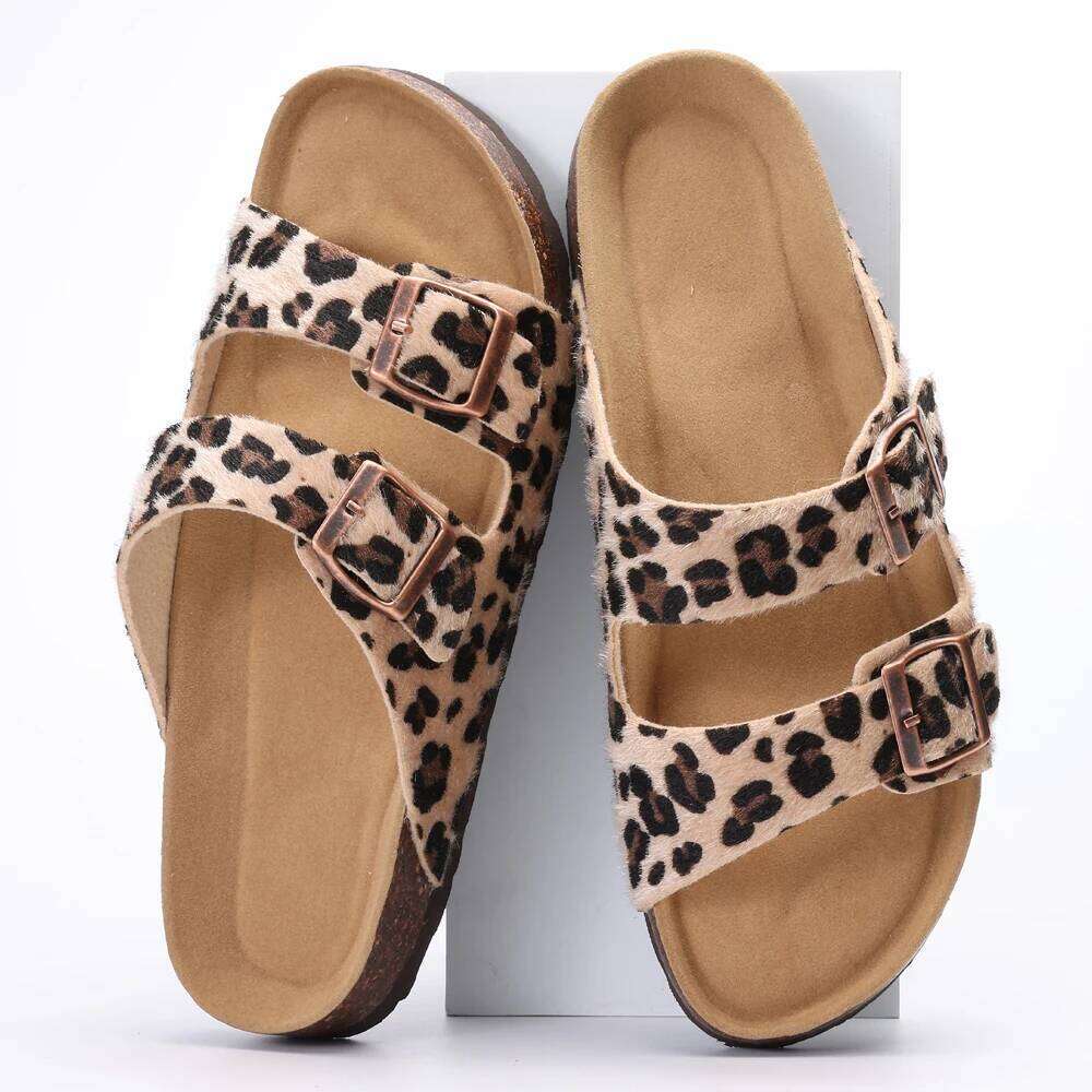 Kidmi Women's Slide New Casual Cork Footbed Platform Open Toe Leopard Slides With Adjustable Buckle Flat Sandals