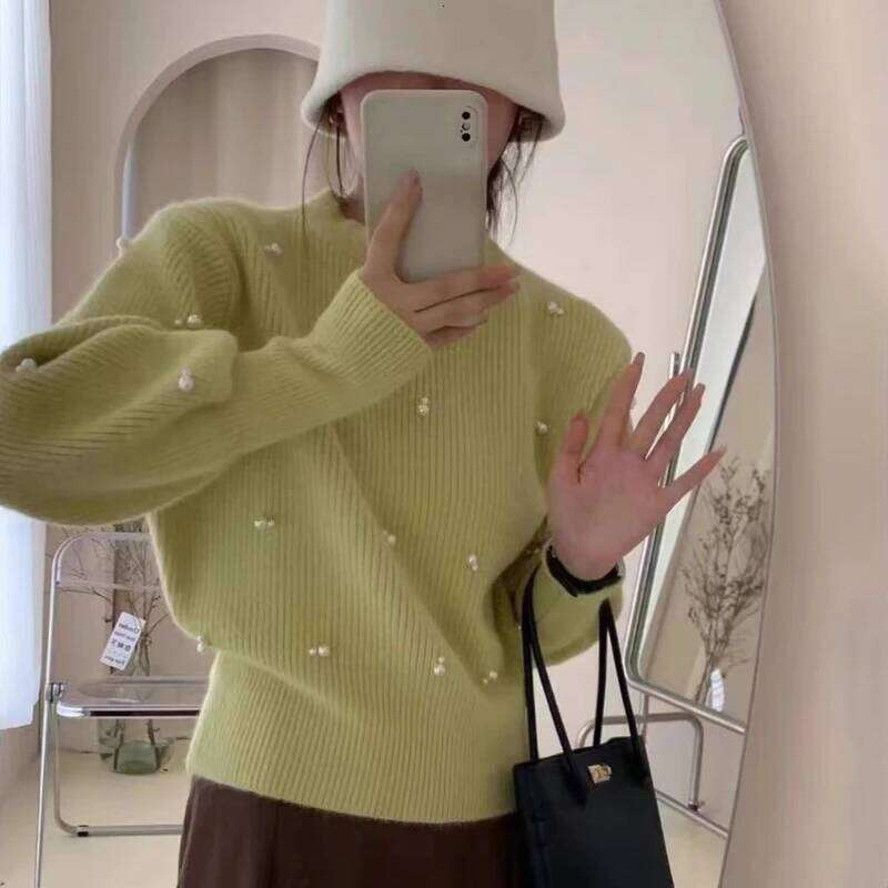 Autumn Winter French Gentle Round Neck Long Sleeve Beads Knitted Sweater For Women XJ260305