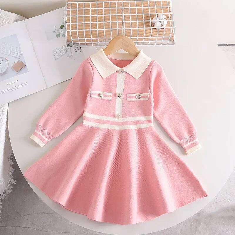Children's Dresses Lapel Stylish Slim-fit Dress Knitted Sweater Toddler Girl Winter Clothes Kids Knitwear Z260304