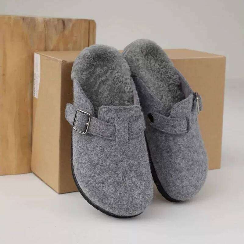 Kidmi Women's Slippers Comfortable and Versatile Outdoor Shoes Winter 2025 New Grey Leather Shearling Closed-toe Felt Soft Mules