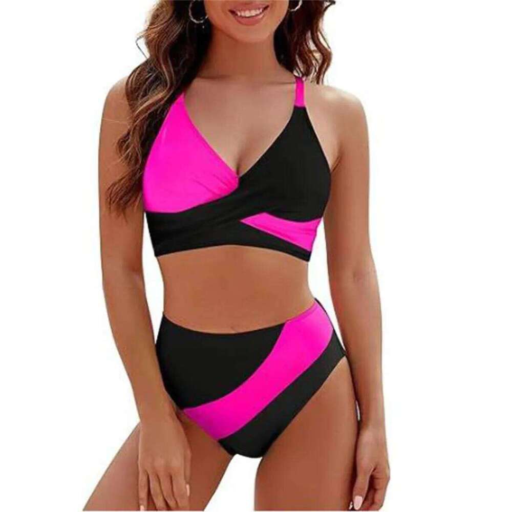2 Pieces Bikini Set Patchwork V-Neck Sleeveless Tops Thong Bottoms Beach Bathing Suit for Women Y260303