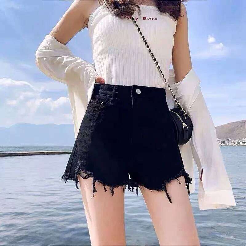 Ins new perforated denim shorts women in summer Korean version high waist slim and versatile for wearing outside internet fa XJ260305