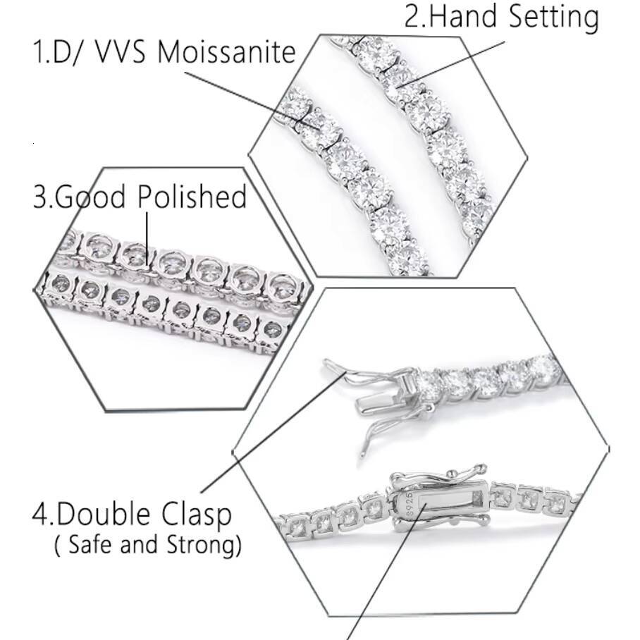 Luxury Women Hip Hop Iced Out Fine Jewelry 2MM 3MM 4MM 5MM Lab Diamond S925 Silver Vvs Moissanite Tennis Chain Necklace