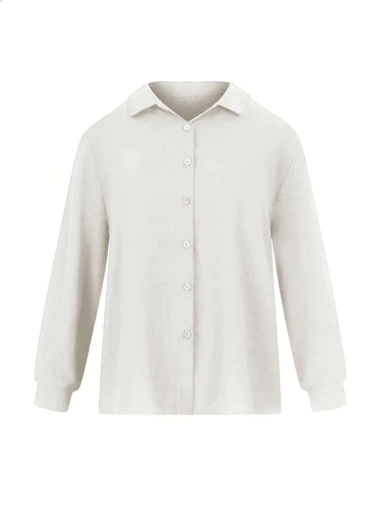 Plus Size 2025 Spring and Summer Womens POLO Collar Pleated Casual Single Row Button Shirt Blouse Solid Color 260228