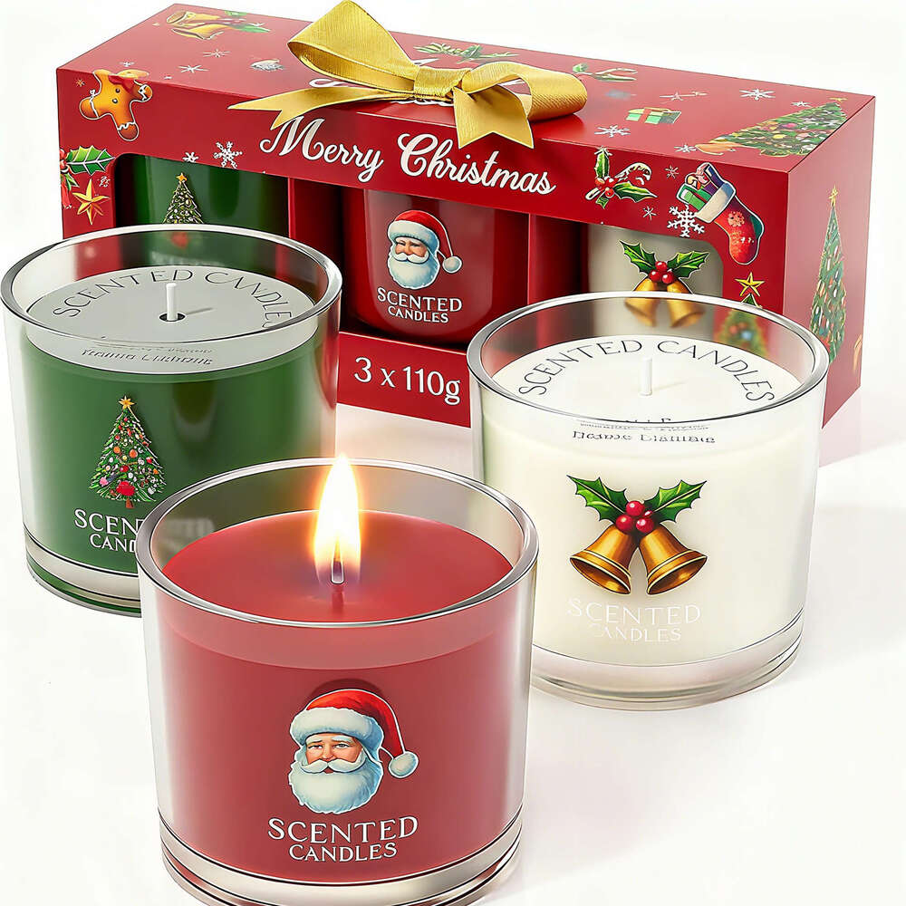 Cross-Border Amazon Christmas Glass Cup Scented Candle Gift Set 3-Pack Soy Wax Fragrance Bedroom Decoration W260305