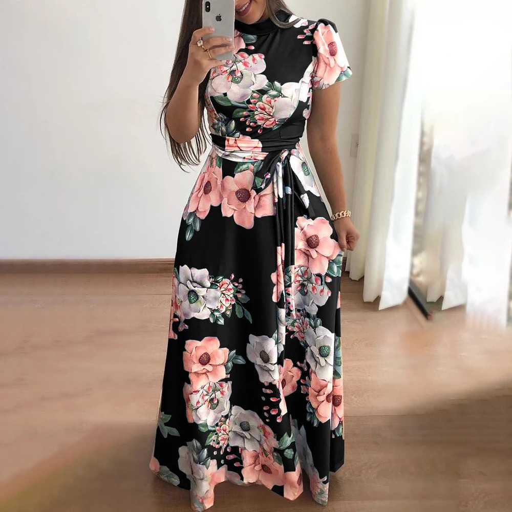 Womens Floral Print Summer Dress - Boho A-Line Swing Dress with Short Sleeves High Waist Flowy Maxi Dress for Beach 260304