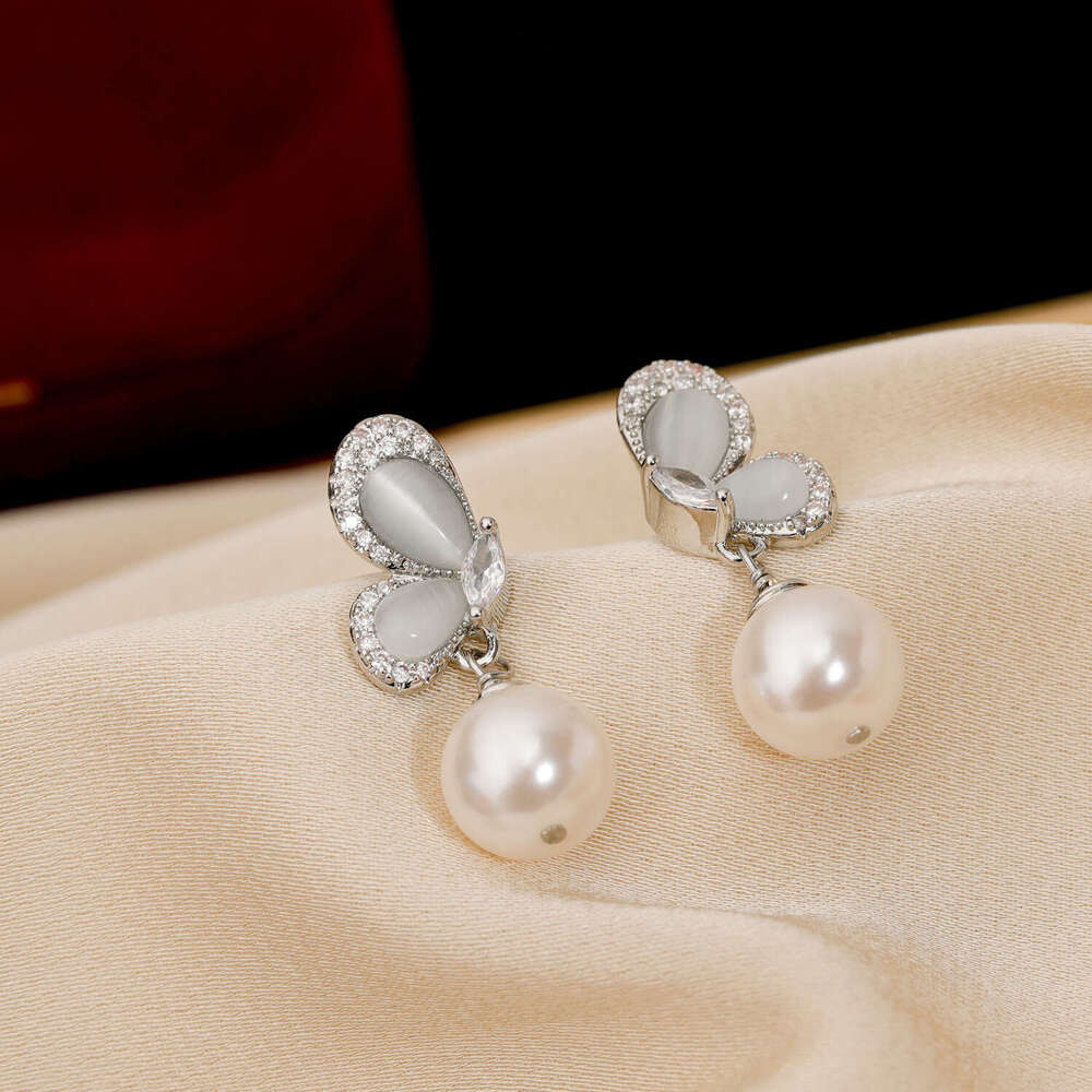 Cat's Eye Butterfly Pearl Earrings Silver Needle Women High-end Micro-inlaid Studs