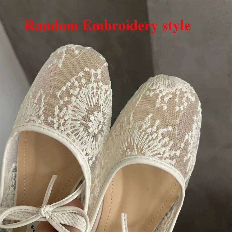 2025 Women Spring Summer Ballet Flat Shoes Breathable Mesh Embroidery Fashion Flats Lovely Bow Knot Female Daily Walking Sandals