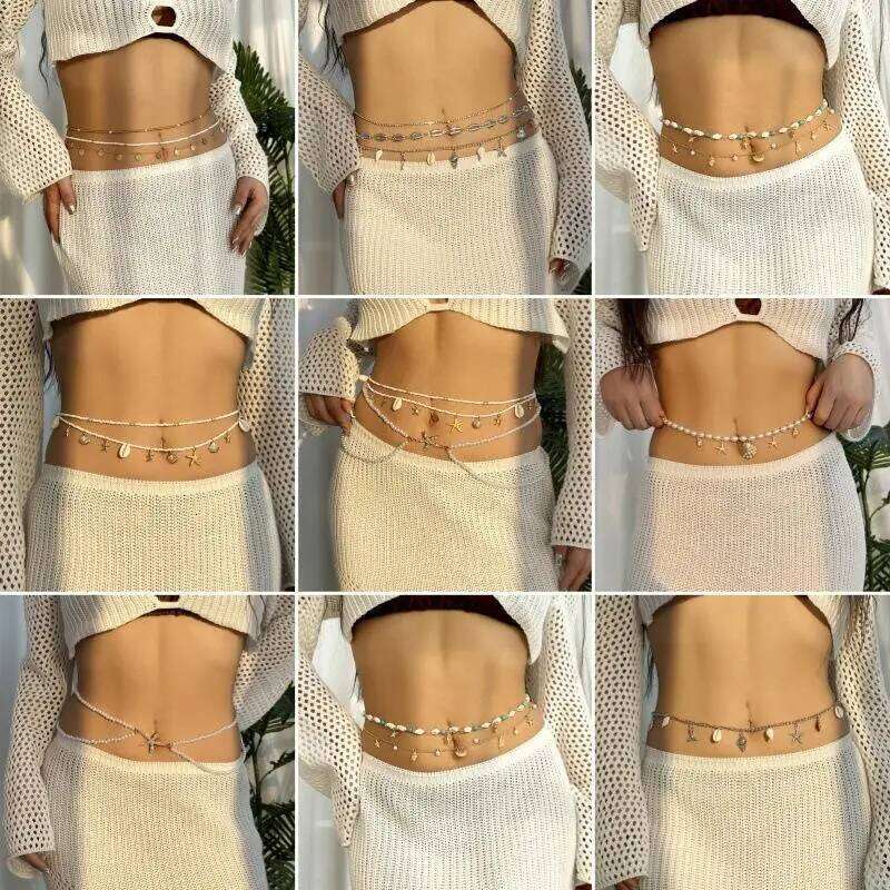 Boho Sexy Fashion Layered Tassel Starfish Waist Belly Women Summer Beach Sea Turtle Conch Shell Pearl Body Chain Jewelry S260304