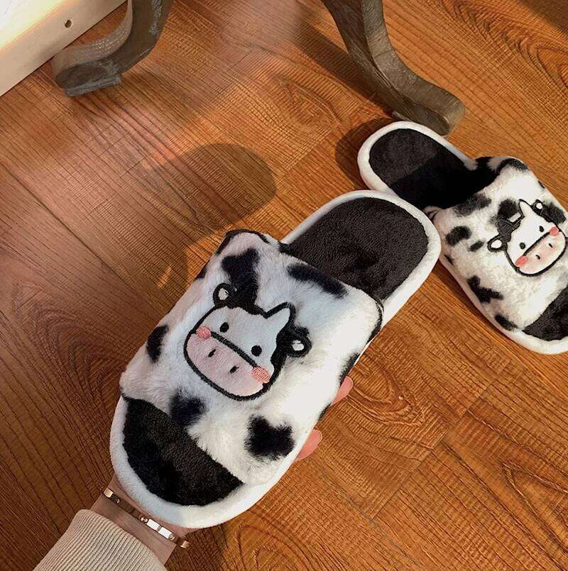 Kidmi Indoor for Women Fashionable Cute Cartoon Plush Cow Cotton Slippers Autumn and Winter Student Light Slides