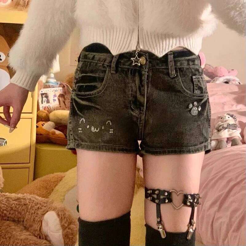 Japanese Kawaii Lolita Women Y2k Sweet Cartoon High Waist Short Pants Cute Girls Harajuku Casual Black Gray Denim Shorts XJ260305