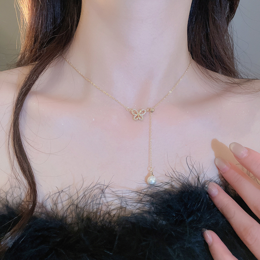 s925 sterling silver butterfly for women, full-diamond elegant best friend pendant, niche forest style shell bead collarbone chain necklace - view 4
