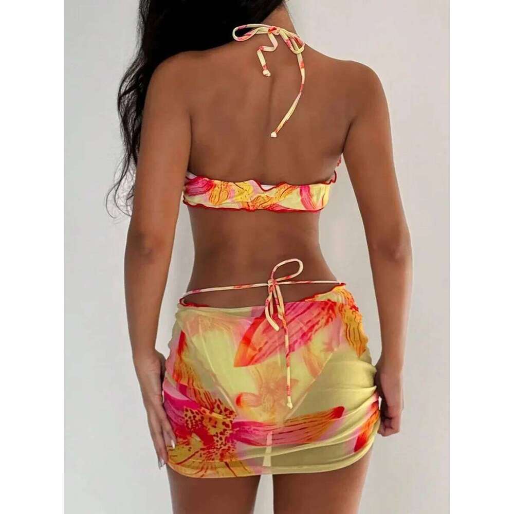 3D Flowers with Mesh Skirt Halter Bandeau Women Swimsuit Female Swimwear Three-pieces Bikini Set Bathing Suit Beachwear Y260303
