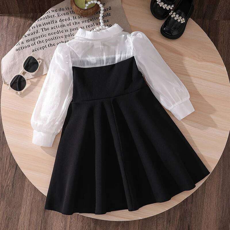 Elegant Semi-Sheer Long Sleeve Lapel Combo Dress for Girls Summer 4-7 Black Knee Length Skirt with Sweet Bow Detail Z260304