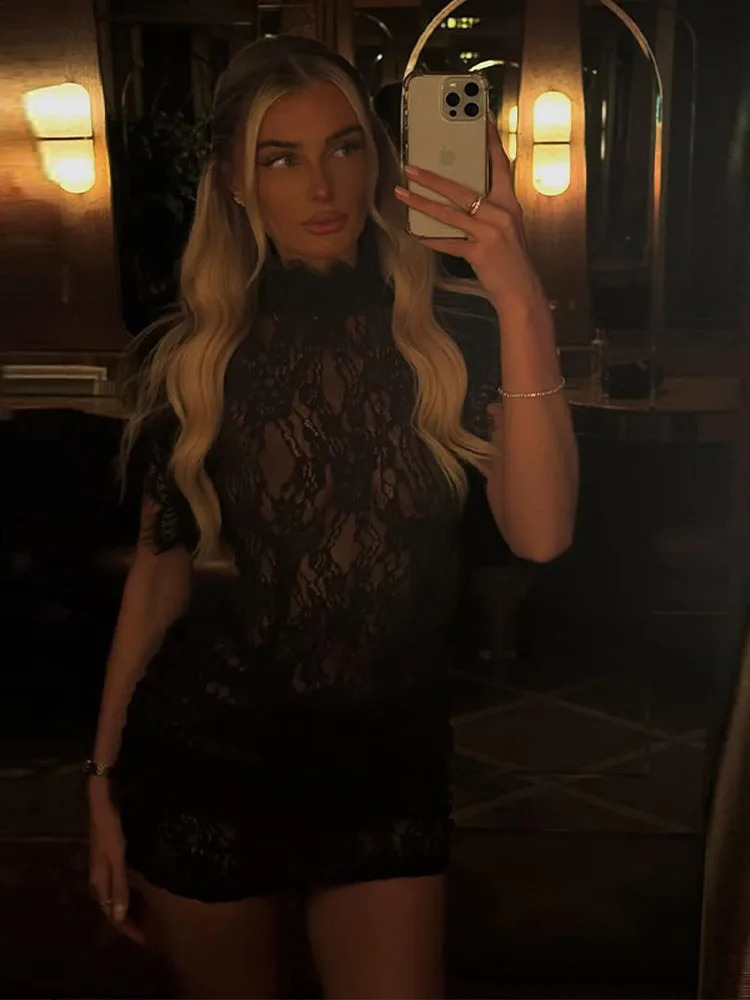 Sexy Lace See Through Party Dress Women Slim Fly Sleeve Oneck Evening Solid Dresses Female 2026 Patchwork Pleated Robe Lady 260302
