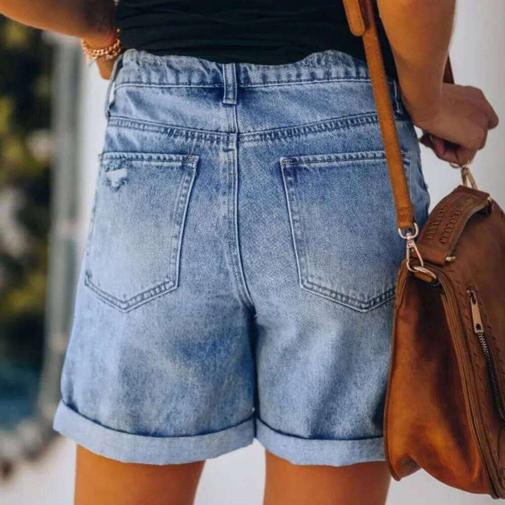 Short Jeans Women Vintage Hole Shorts Washed Distressed Pockets High Waist Streetwear 2025 Female Summer Denims Straight Pants XJ260305