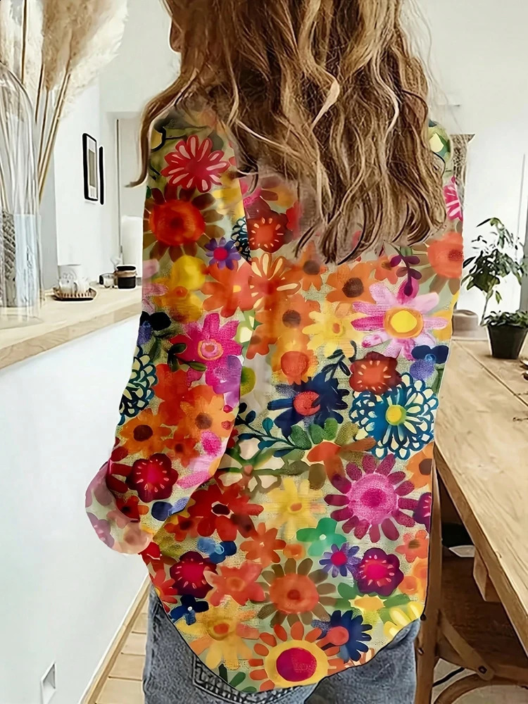 Plus Size Crushed Printed Button Casual Shirt Single Row Home Fashion Basic Versatile Tshirt 260228