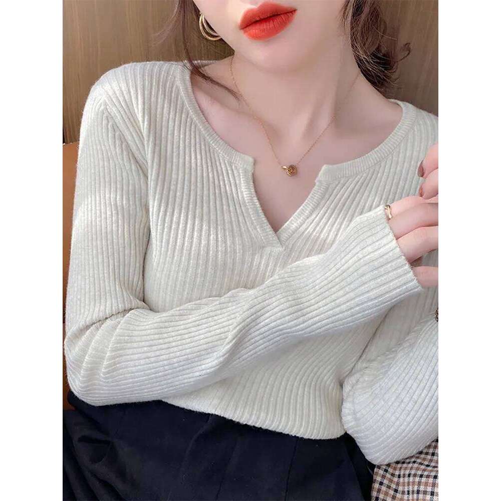 2025 Autumn Winter Women Sweater Solid Rib Knit V Neck Stripe Pull Femme Y2k Long Sleeve Pullover Jersey Tops Fashion Clothes XJ260305