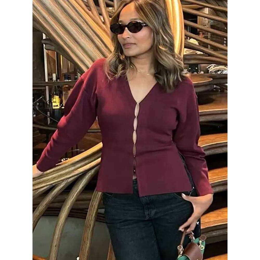 HH Women Elegant Knitted Coats Fashion Burgundy Red V-neck Slim Cardigan Autumn Office Lady Chic Solid Long Sleeve Outerwear XJ260305