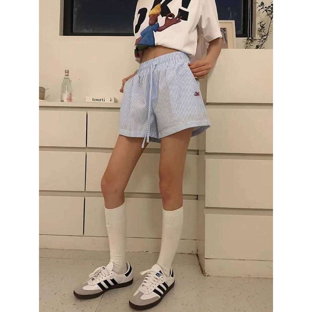 HOUZHOU Y2k Striped for Women Harajuku Blue Baggy Elastic Waist Short Pants Korean Style Casual Fashion Retro Shorts XJ260305