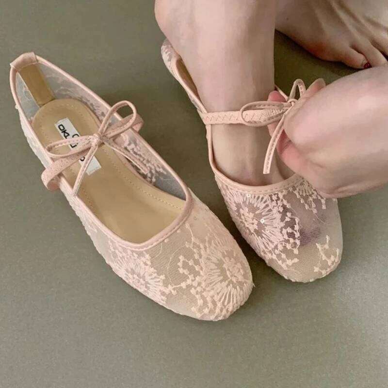 2025 Women Spring Summer Ballet Flat Shoes Breathable Mesh Embroidery Fashion Flats Lovely Bow Knot Female Daily Walking Sandals