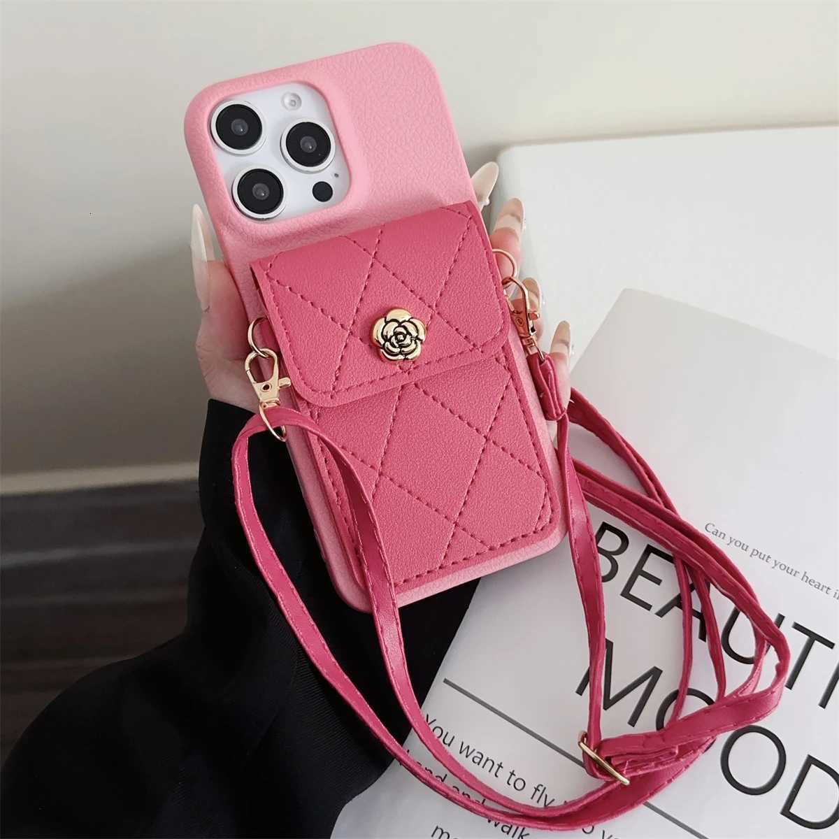 Luxury Camellia Quilted Wallet Crossbody Lanyard Phone Case For iPhone 16 15 14 13 12 Pro Max 11 Plus | 3D Flower Card Slot Protective CoverT260305