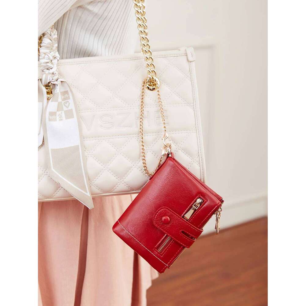 New Women's High Quality PU Leather Short Card Seat with Chain Large Capacity Three Layer Zero Wallet Retro Women'sWallet C260304