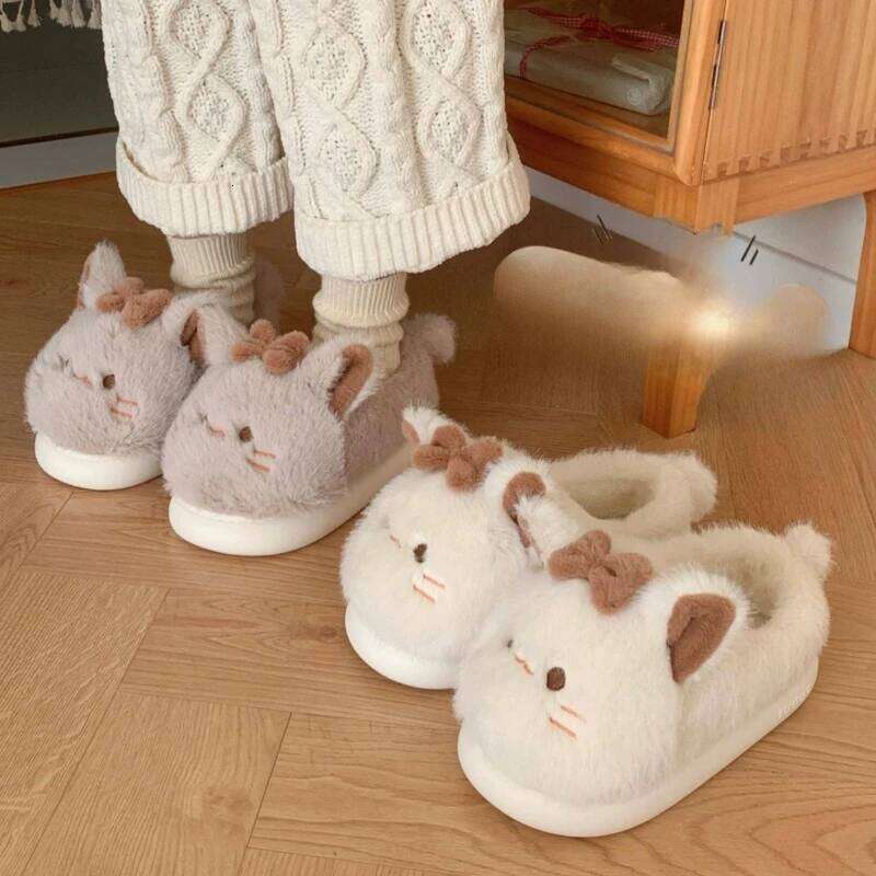 Cute Cartoon Cat Fluffy Slippers For Women Winter House Warm Faux Fur Thick Sole Anti-slip Girls Indoor Cotton Shoes
