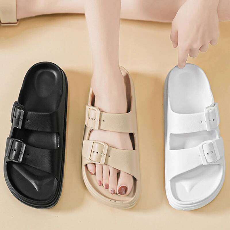 Kidmi Fashion Women Summer Beach EVA Flat Sandals Double Buckle Adjustable Slides Nonslip Casual Home Slippers
