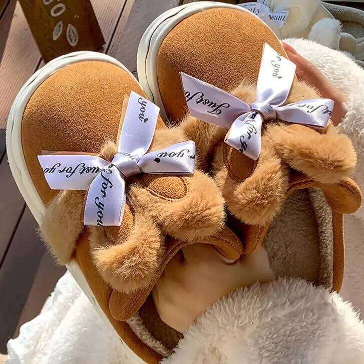 Faux Suede Women's Winter Home Rabbit Bow Cotton Slippers for Warmth, New Thick Soled Princess Style
