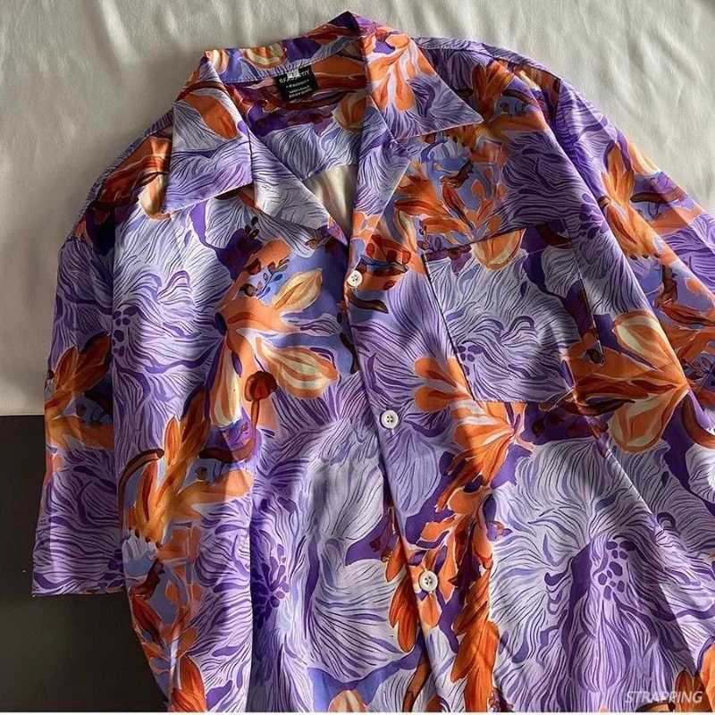 Mens Orange Floral Print Short SLeeve Camp Collar Oversized Casual HAWaiian Shirt M260305