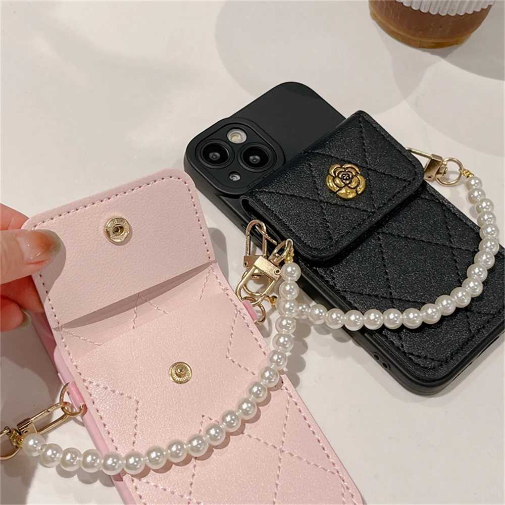 Korean Style 3D Camellia Quilted Card Bag Phone Case with Pearl Chain For iPhone 15 14 Pro Max 13 12 11 X XR 8 Plus | Shockproof Silicone CoverT260305