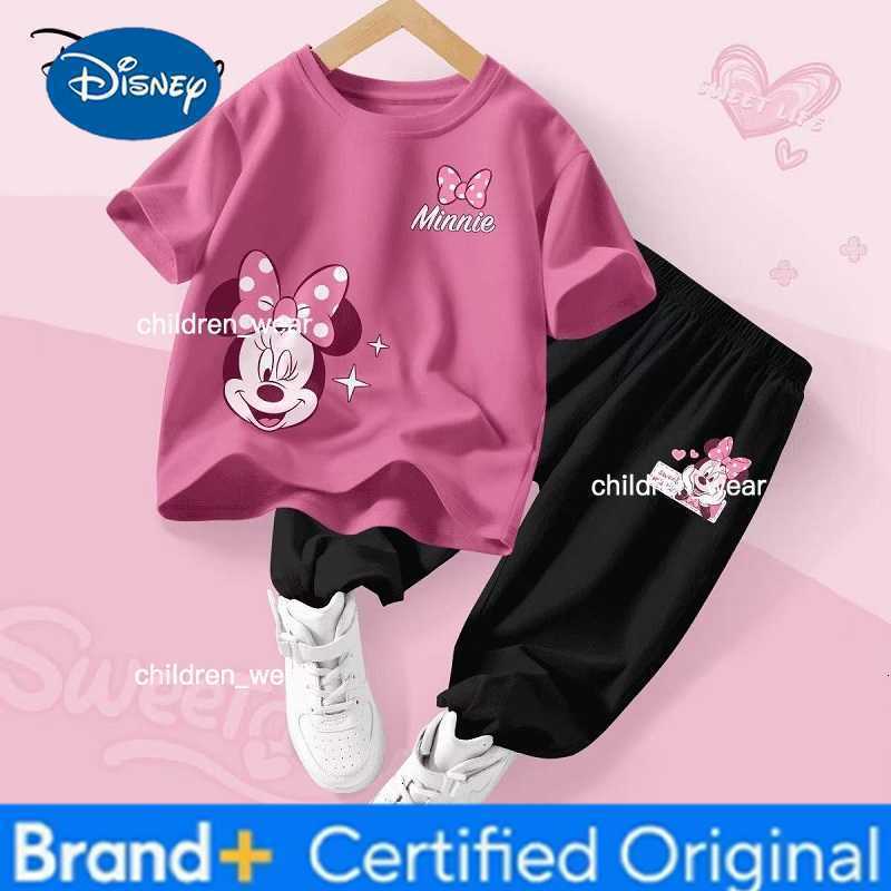 Disney Summer Baby Girl Clothes Set Children Minnie Cartoon Printing O-Neck T-shirt and Pants Two Pieces Suit Cotton Tracksuit H2603051