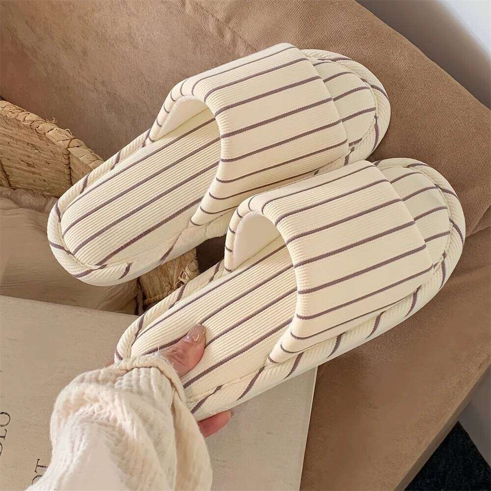 Korean Brief Cotton Linen Slippers For Women Men Shoes Anti-slip Striped Style Couples Home House Floor Slides