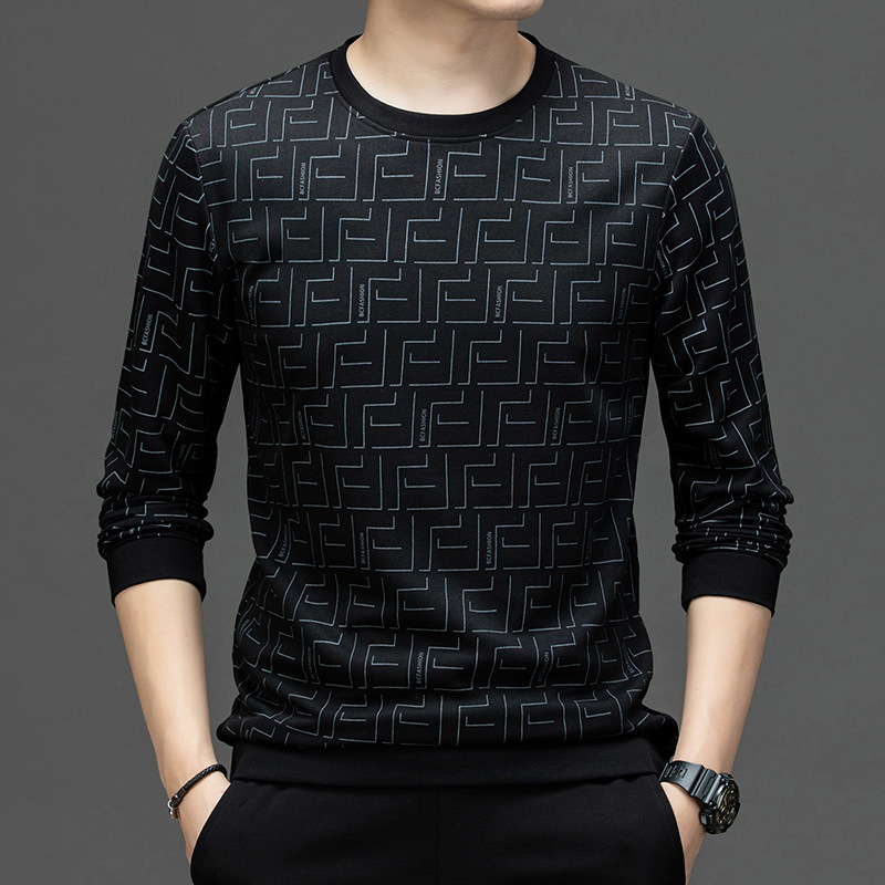 2026 Spring New Designer Luxury Brand Men's Printed Long Sleeve T-shirt Middle Aged Fashion Casual Round Neck Sportswear Basic Shirt Wholesale