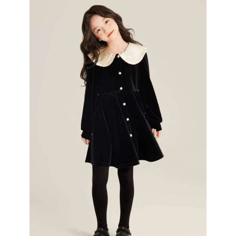 Girls' Autumn/Winter High-end Fleece-lined Velvet Elegant Black Princess Gown Dress - 4-12 Years Old Z260304