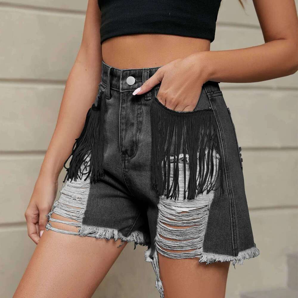 Design-sense Washed Ripped Fringed Shorts. New Fashionable and Individual High-waist Denim Shorts for Women in Summer XJ260305