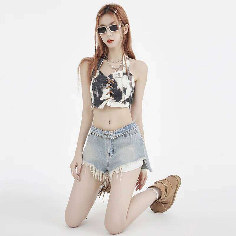 2025 High Street Summer New American Shorts, Women's Fashionable Washed Ripped Tassel Design Casual Loose Denim Shorts XJ260305