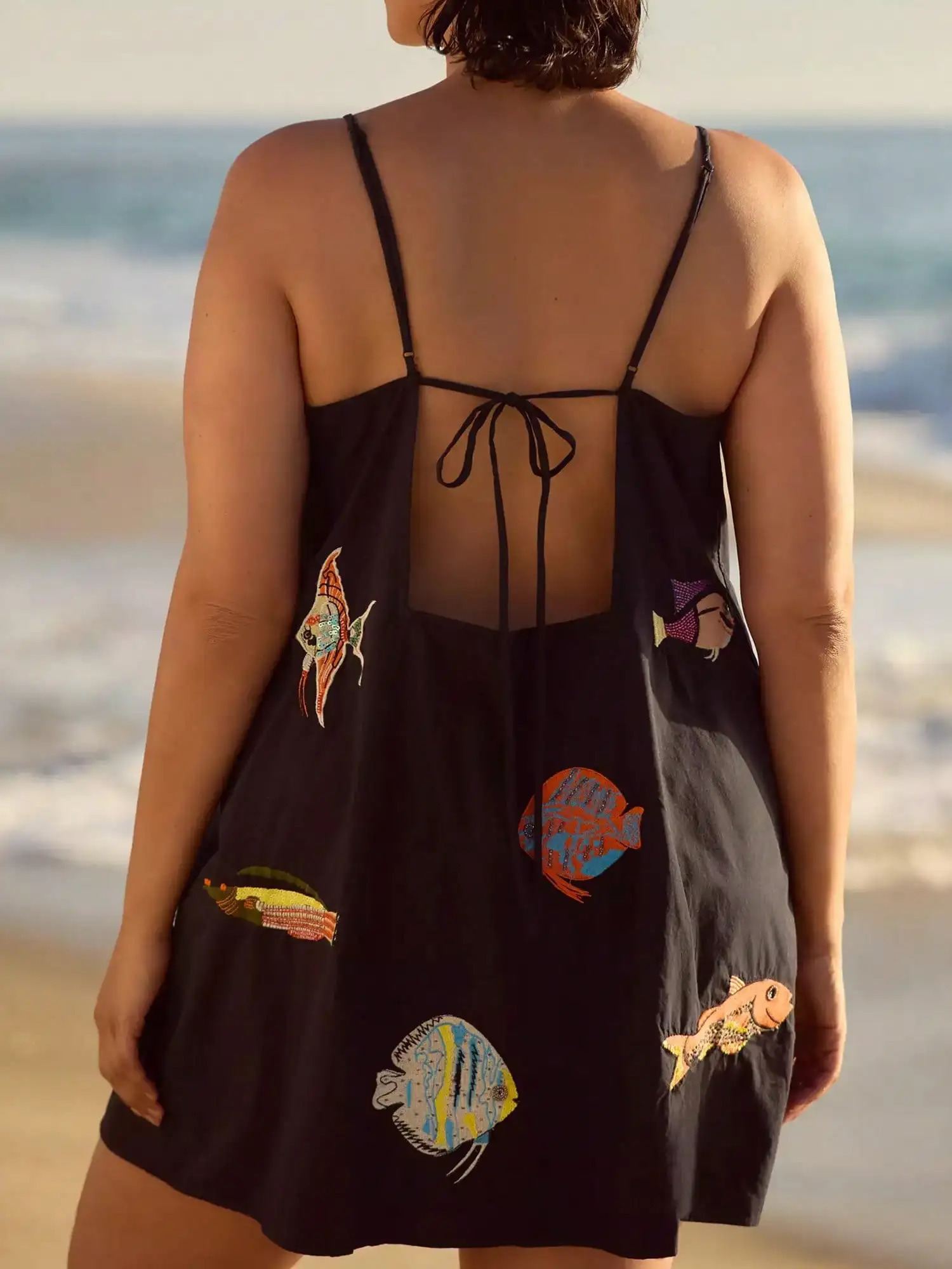 Women Y2K Boho Mini Cami Dress Spaghetti Strap Fish Printed Flowy Sling Dress Graphic Backless A Line Summer Holiday Sundress 260304