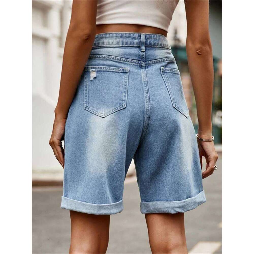 Streetwear Shorts Summer Clothes Women 2025 Knee Length Denim Straight Leg Trousers Female Casual Ripped Jeans Short Pants XJ260305