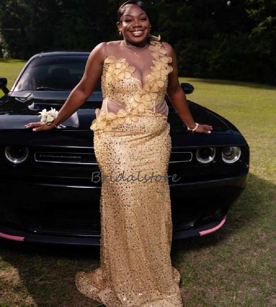 Luxury Gold Sequin Evening Dress With Florals Sparkly O Neck African Black Girls Prom Dress 2026 Plus Size Birthday Party Gowns Ceremony Formal Dress