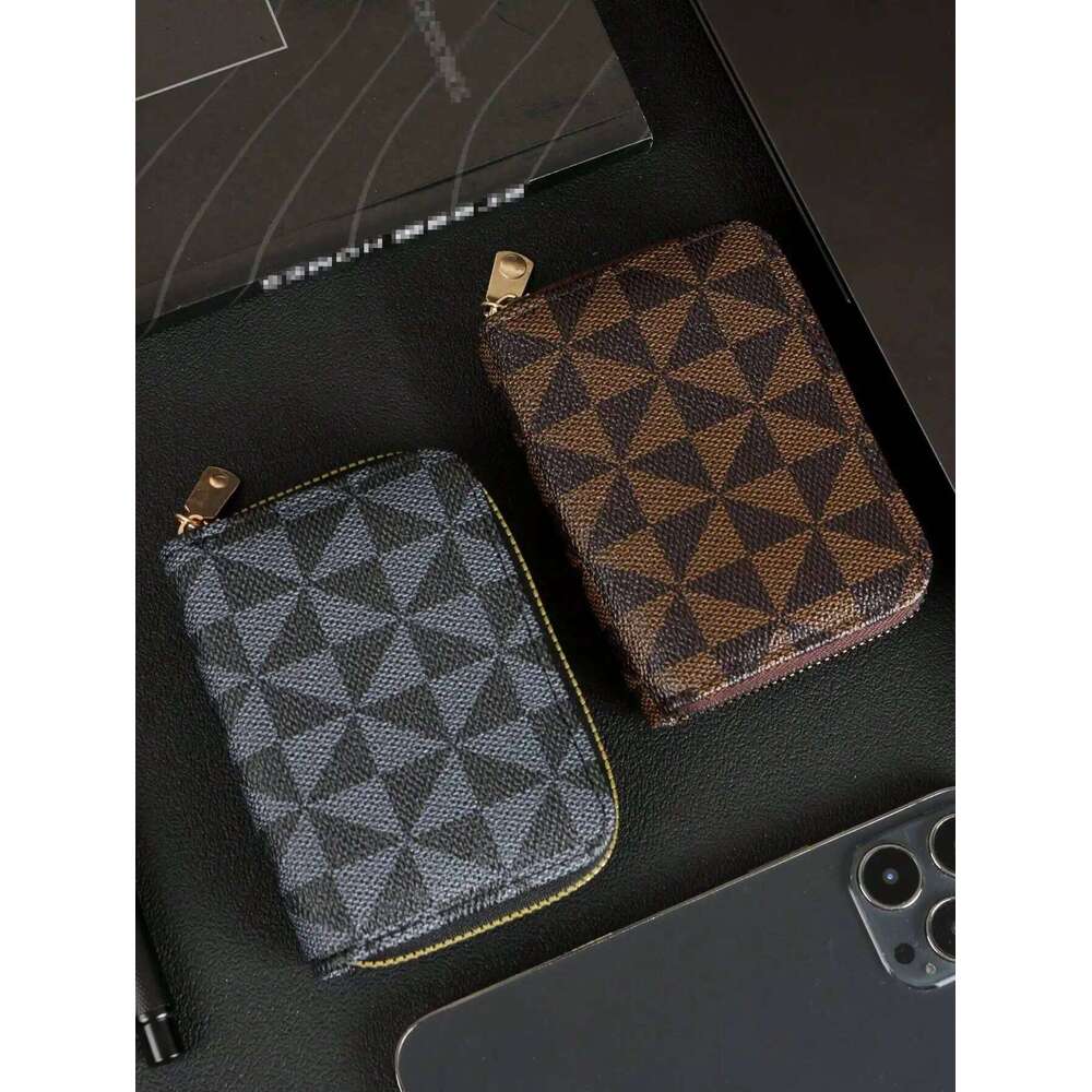 Stylish Checkered Pattern Holder Vintage Zipper Small Wallet - Portable Lightweight Card Case for Men and Women C260304