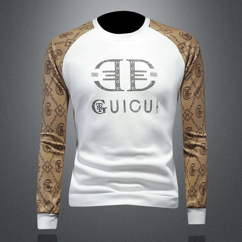 American European Autumn New Men's Round Neck Printed Sweatshirt Large Size High-End Luxury Patchwork Casual Base Shirt Trendy Luanyun