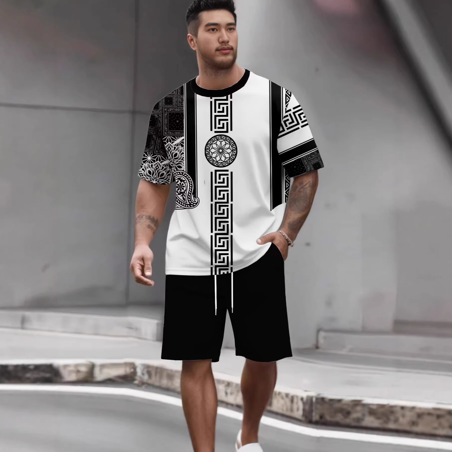 2026 New Designer Luxury Brand Summer Foreign Trade European And American Men's Casual Fashion 3D Digital Printing Round Neck Pullover, Short Sleeved Shorts Set