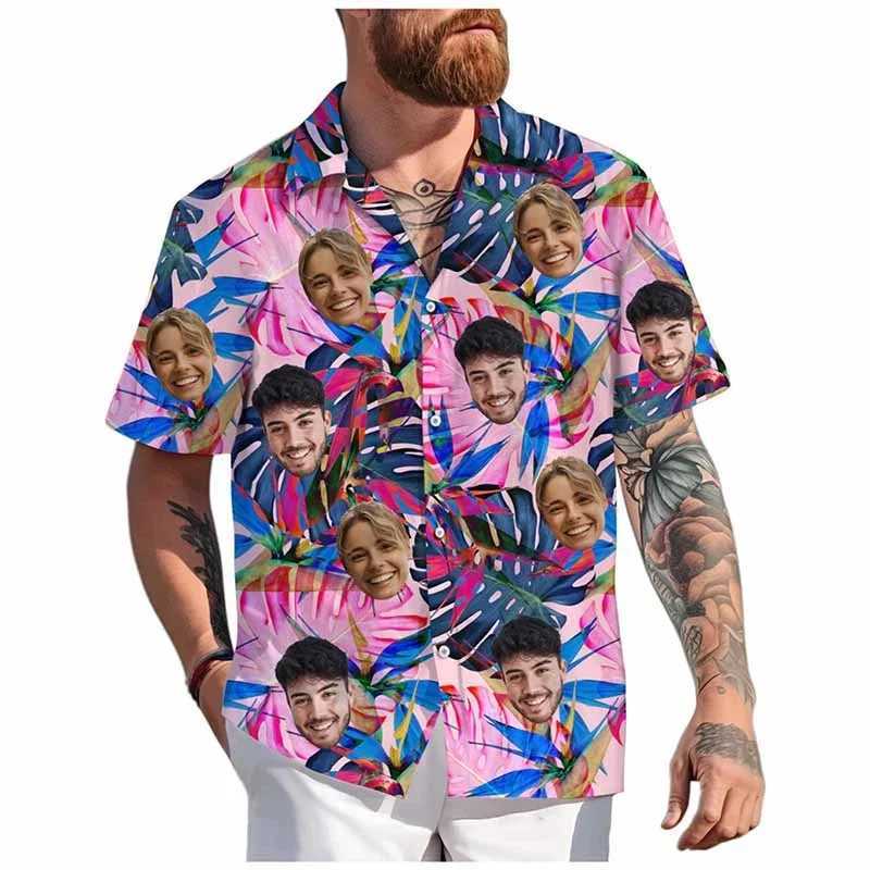 Custom Face Hawaiian Shirt Unisex Funny Personalized 3D Printed Button Shirts 2025 Beach Short Sleeves Lapel Shirts DIY Blouses M260305