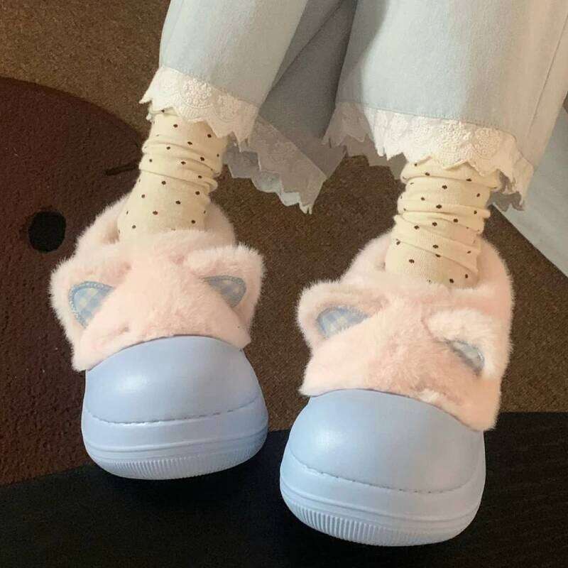 Cute Cartoon Cat Waterproof Fluffy Slippers For Girls Street Warm Shoes Soft EVA Anti-slip Women Home Daily Cotton Slipper